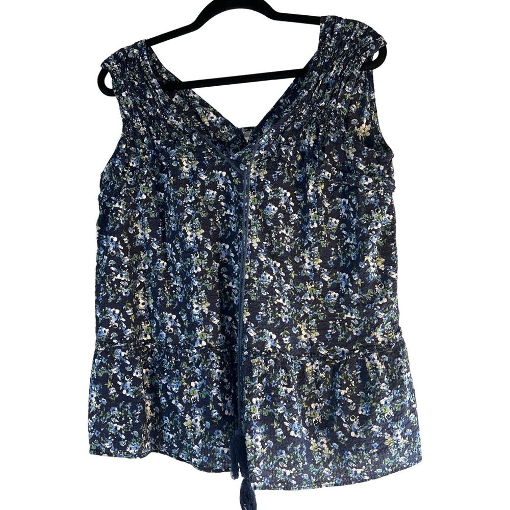 Ethyl Clothing Womens Top Blouse Sleeveless Blue Ruffle Floral Size M